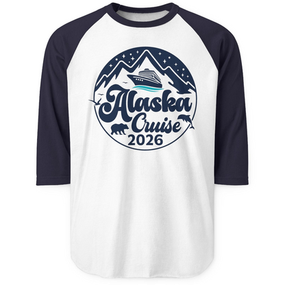 Alaska Cruise 2026 Shirt 3/4 Sleeve Raglan Shirt – White/Navy – Alaska Cruise Shirts