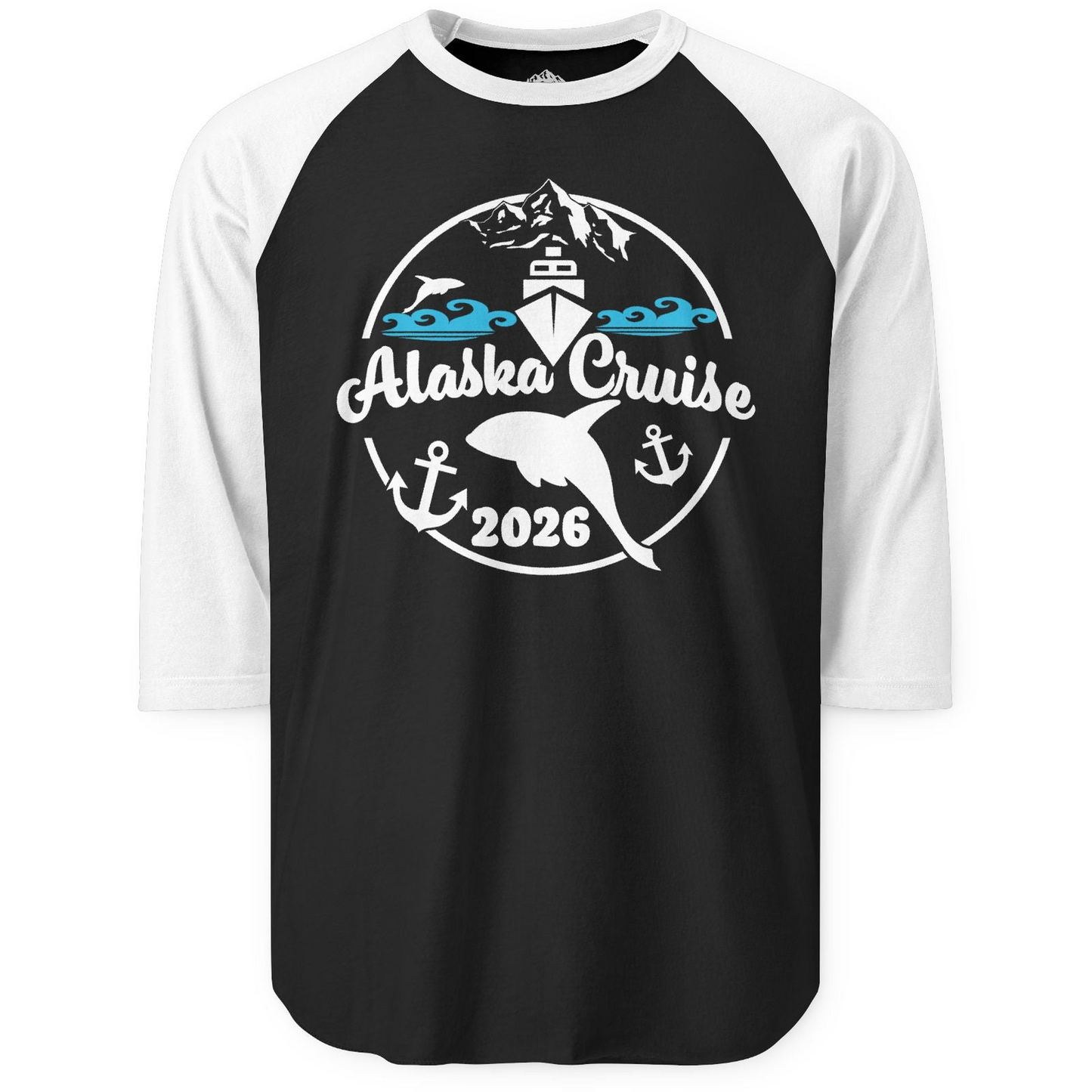Alaska Cruise 2026 Shirt 3/4 Sleeve Raglan Shirt – Black/White – Alaska Cruise Shirts