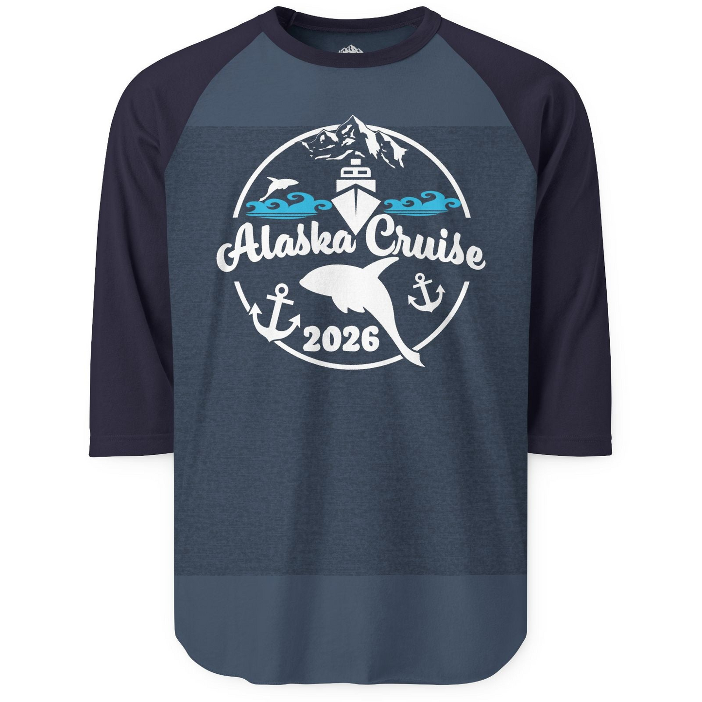 Alaska Cruise 2026 Shirt 3/4 Sleeve Raglan Shirt – Heather Denim/Navy – Alaska Cruise Shirts