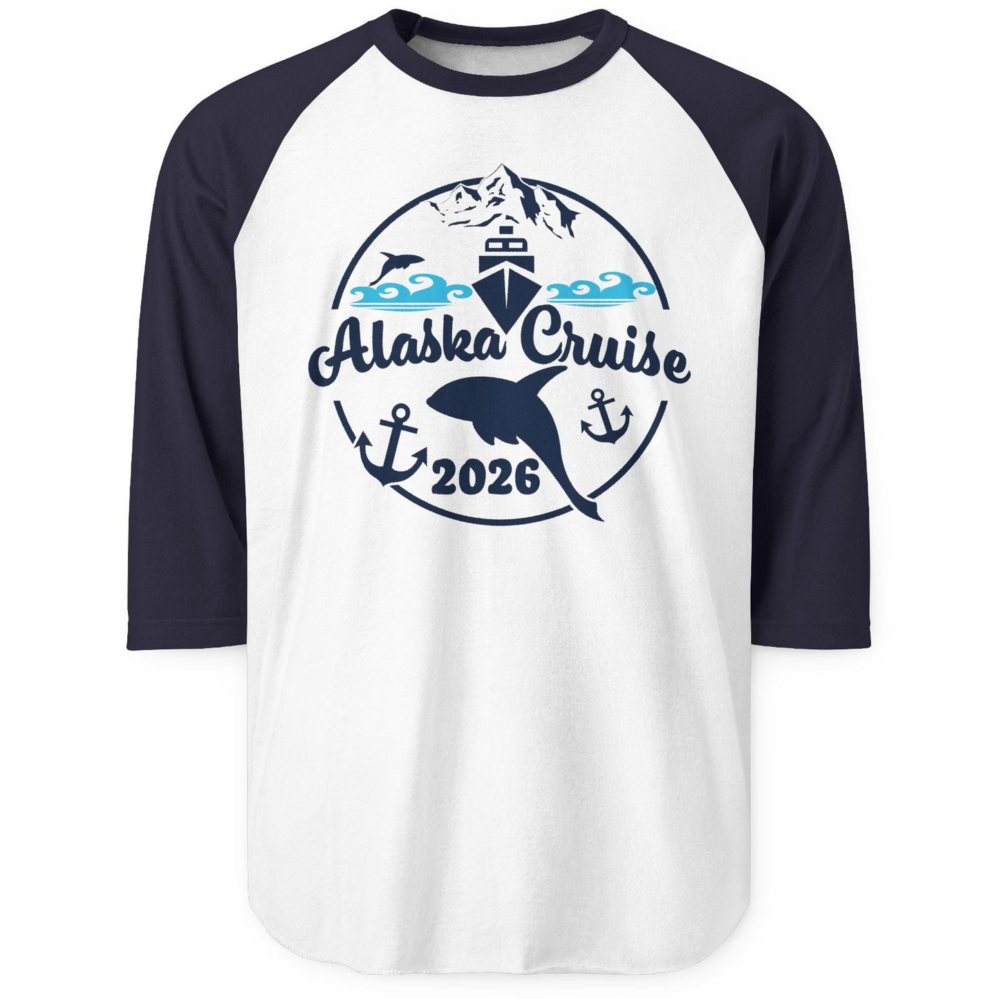 Alaska Cruise 2026 Shirt 3/4 Sleeve Raglan Shirt – White/Navy – Alaska Cruise Shirts