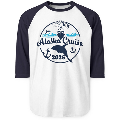 Alaska Cruise 2026 Shirt 3/4 Sleeve Raglan Shirt – White/Navy – Alaska Cruise Shirts