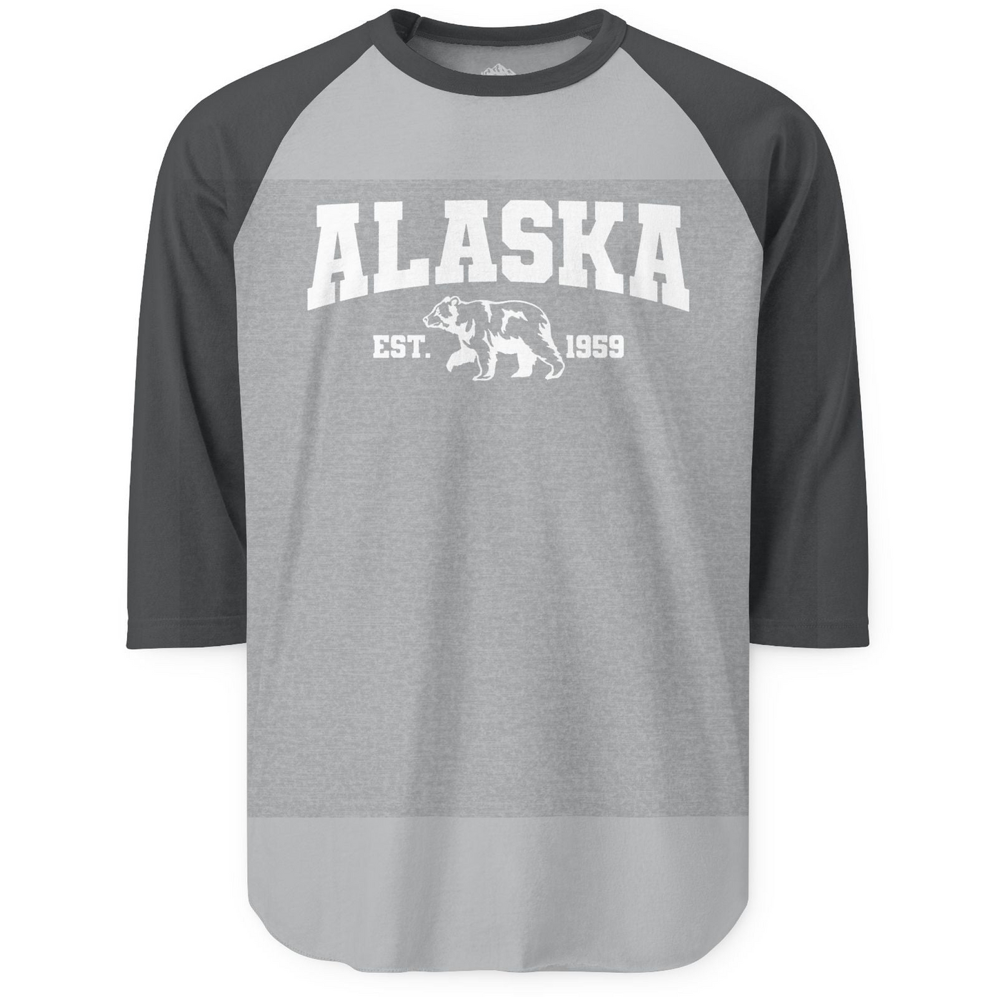 Vintage Alaska Bear Shirt 3/4 Sleeve Raglan Shirt – Heather Grey/Heather Charcoal – Alaska Cruise Shirts