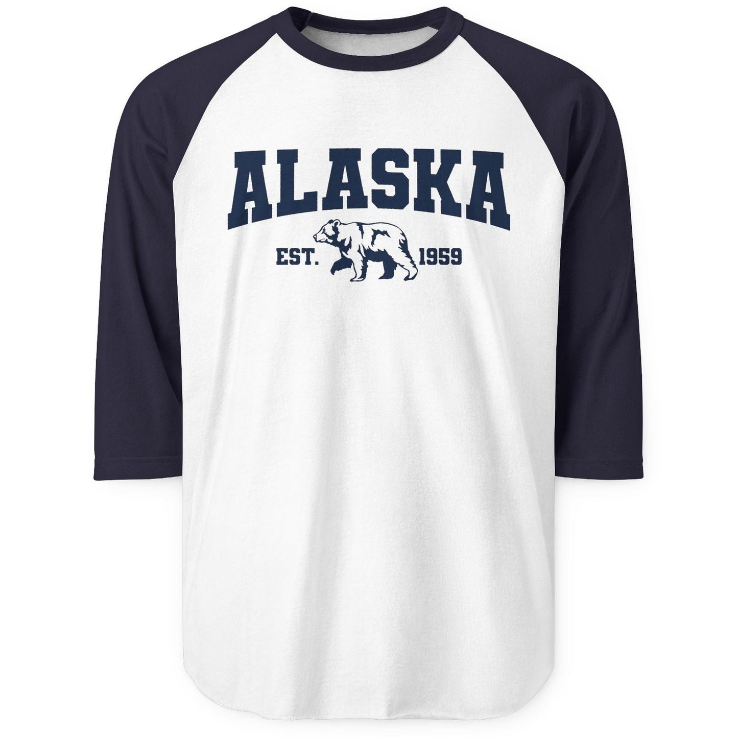 Vintage Alaska Bear Shirt 3/4 Sleeve Raglan Shirt – White/Navy – Alaska Cruise Shirts