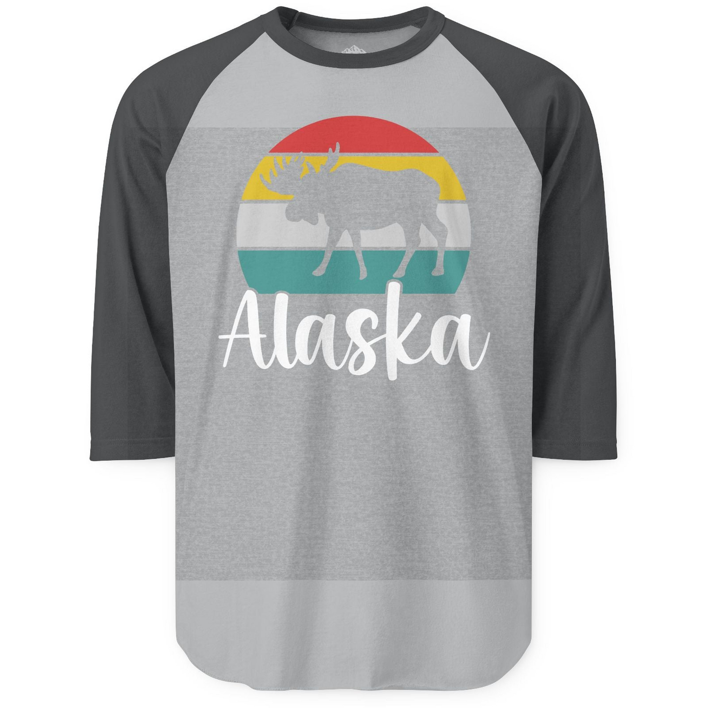 Retro Alaska Moose Silhouette Shirt 3/4 Sleeve Raglan Shirt – Heather Grey/Heather Charcoal – Alaska Cruise Shirts