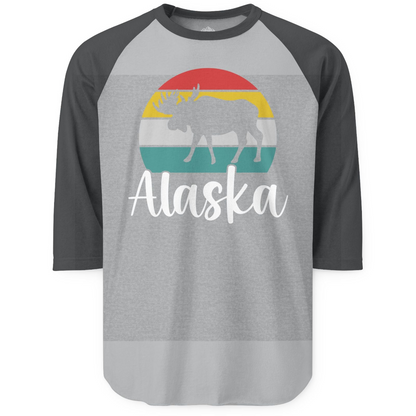 Retro Alaska Moose Silhouette Shirt 3/4 Sleeve Raglan Shirt – Heather Grey/Heather Charcoal – Alaska Cruise Shirts