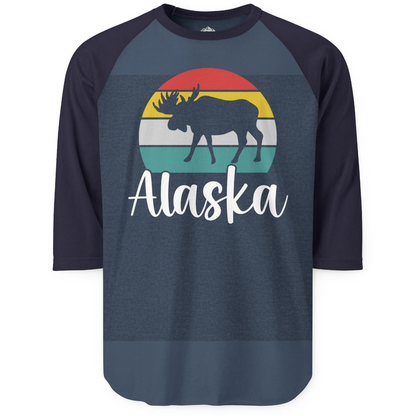 Retro Alaska Moose Silhouette Shirt 3/4 Sleeve Raglan Shirt – Heather Denim/Navy – Alaska Cruise Shirts