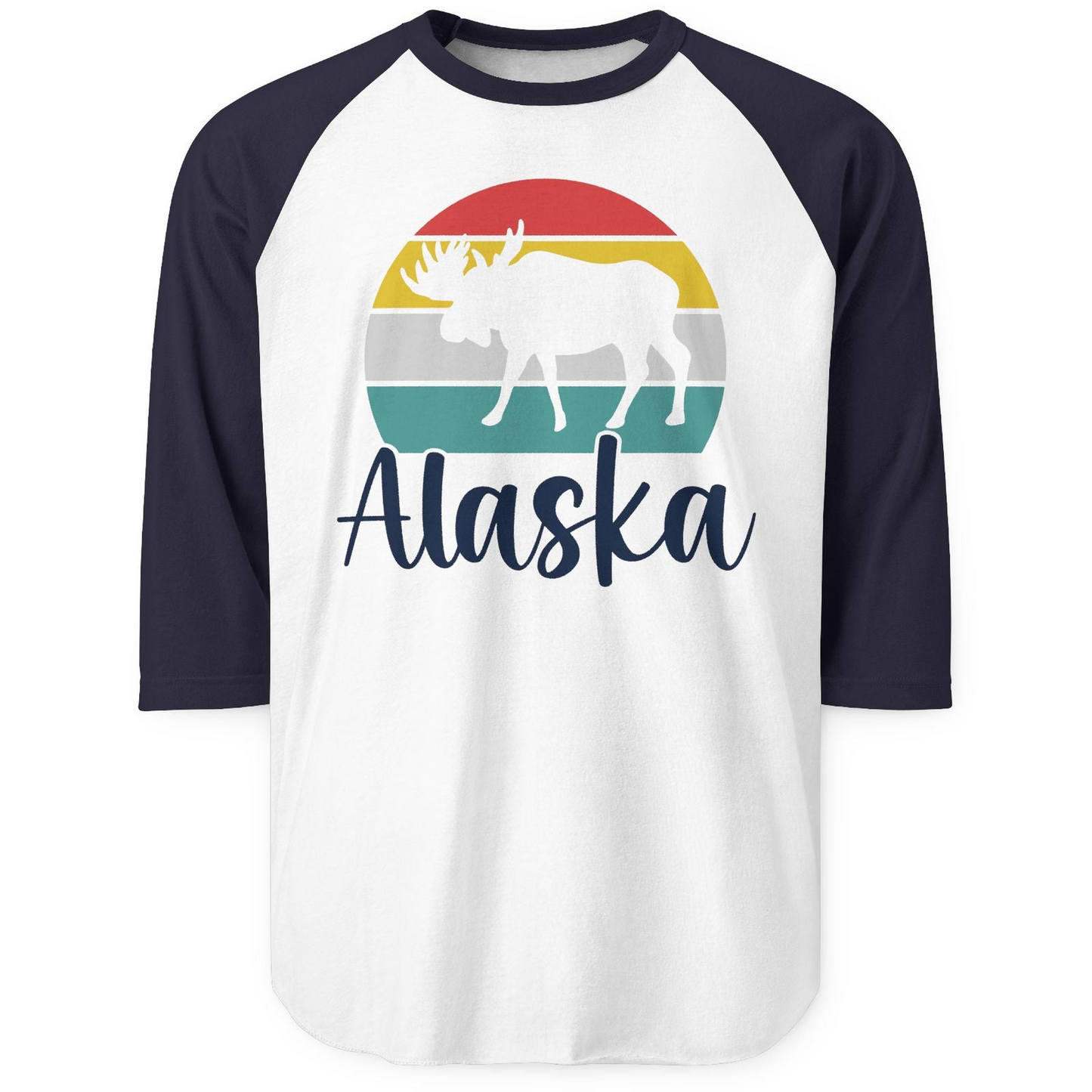 Retro Alaska Moose Silhouette Shirt 3/4 Sleeve Raglan Shirt – White/Navy – Alaska Cruise Shirts