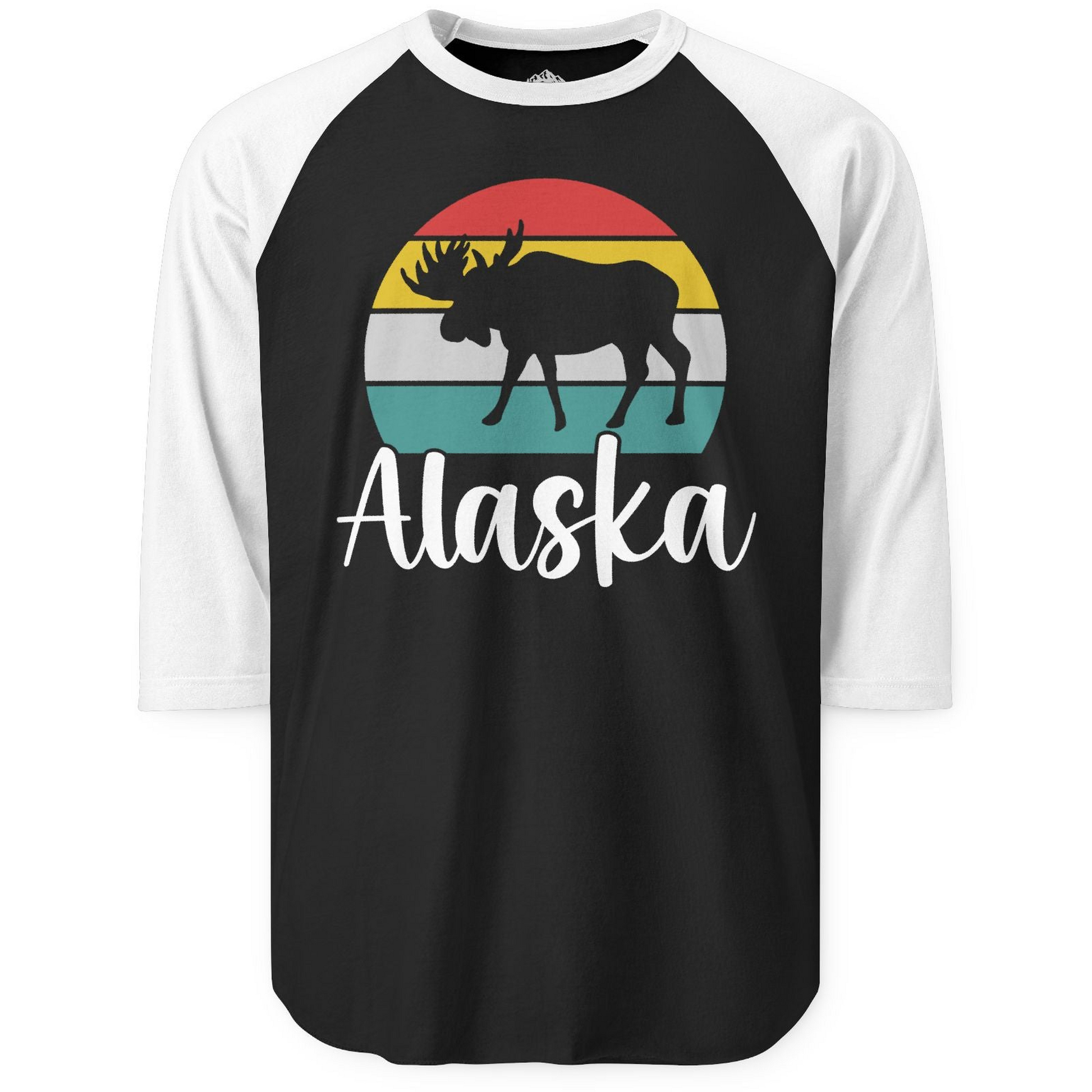 Retro Alaska Moose Silhouette Shirt 3/4 Sleeve Raglan Shirt – Black/White – Alaska Cruise Shirts