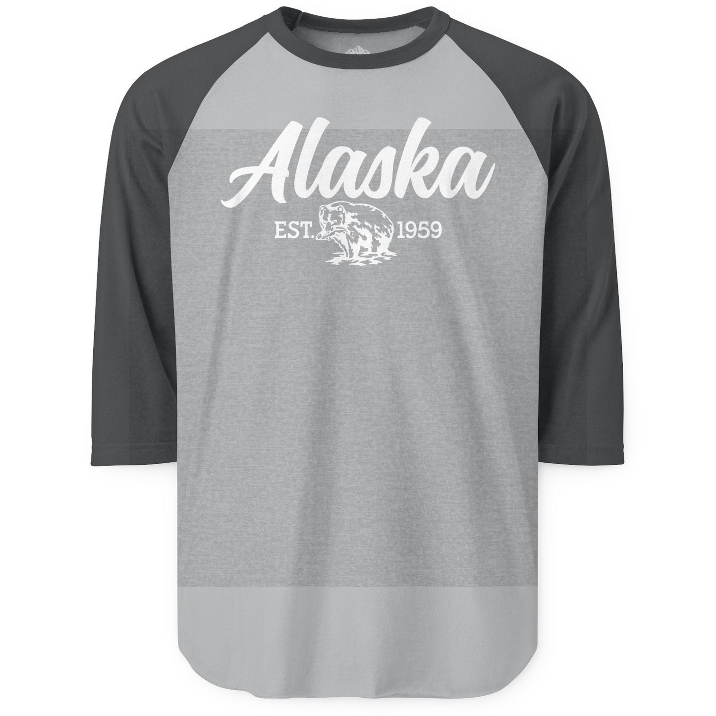 Alaska Bear Est 1959 Vintage Wildlife Graphic Monochrome Shirt — 3/4 Sleeve 3/4 Sleeve Raglan Shirt – Heather Grey/Heather Charcoal – Alaska Cruise Shirts