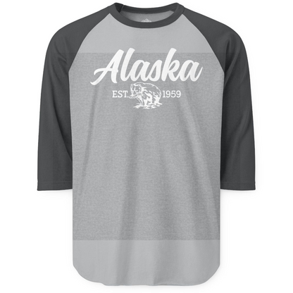 Alaska Bear Est 1959 Vintage Wildlife Graphic Monochrome Shirt — 3/4 Sleeve 3/4 Sleeve Raglan Shirt – Heather Grey/Heather Charcoal – Alaska Cruise Shirts