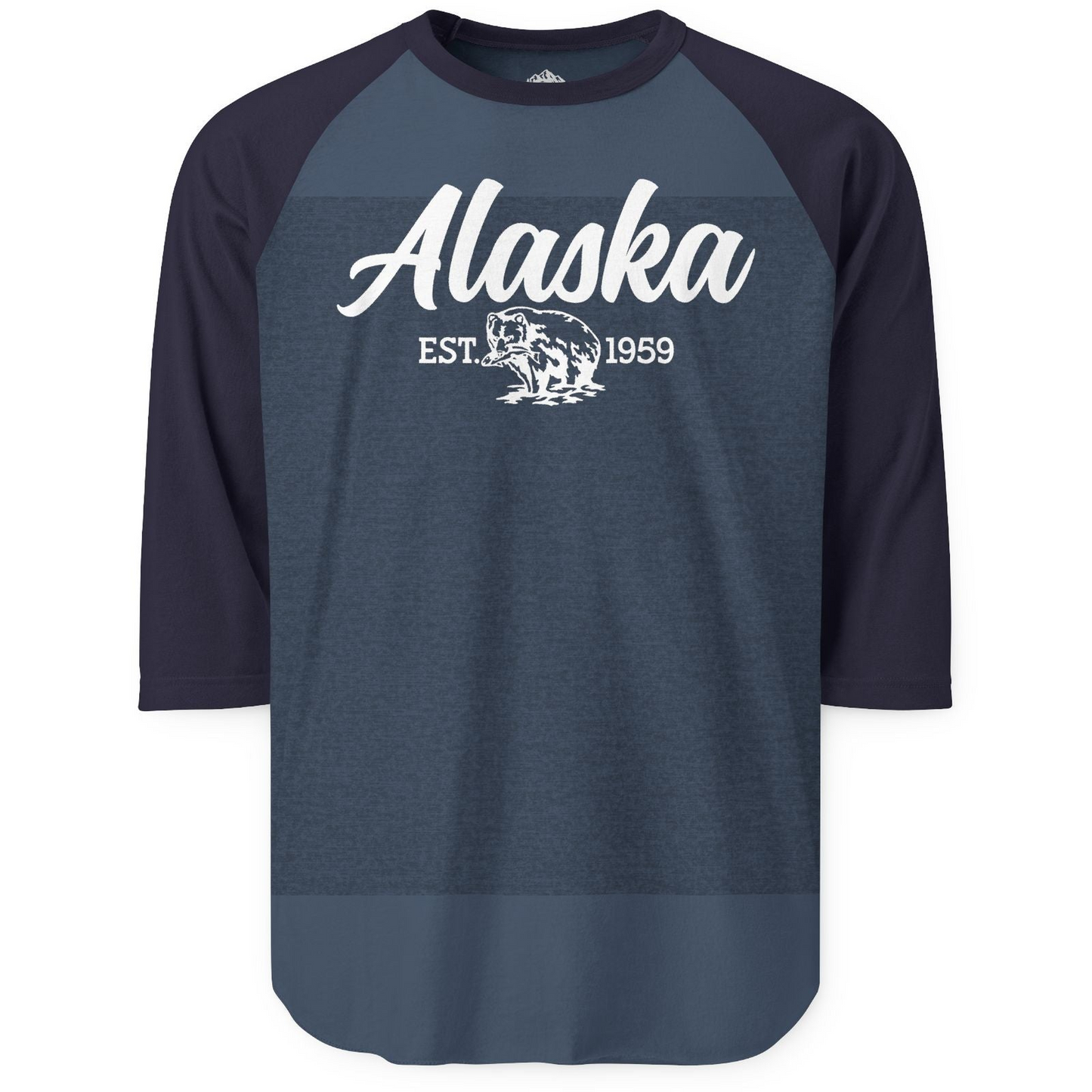 Alaska Bear Est 1959 Vintage Wildlife Graphic Monochrome Shirt — 3/4 Sleeve 3/4 Sleeve Raglan Shirt – Heather Denim/Navy – Alaska Cruise Shirts