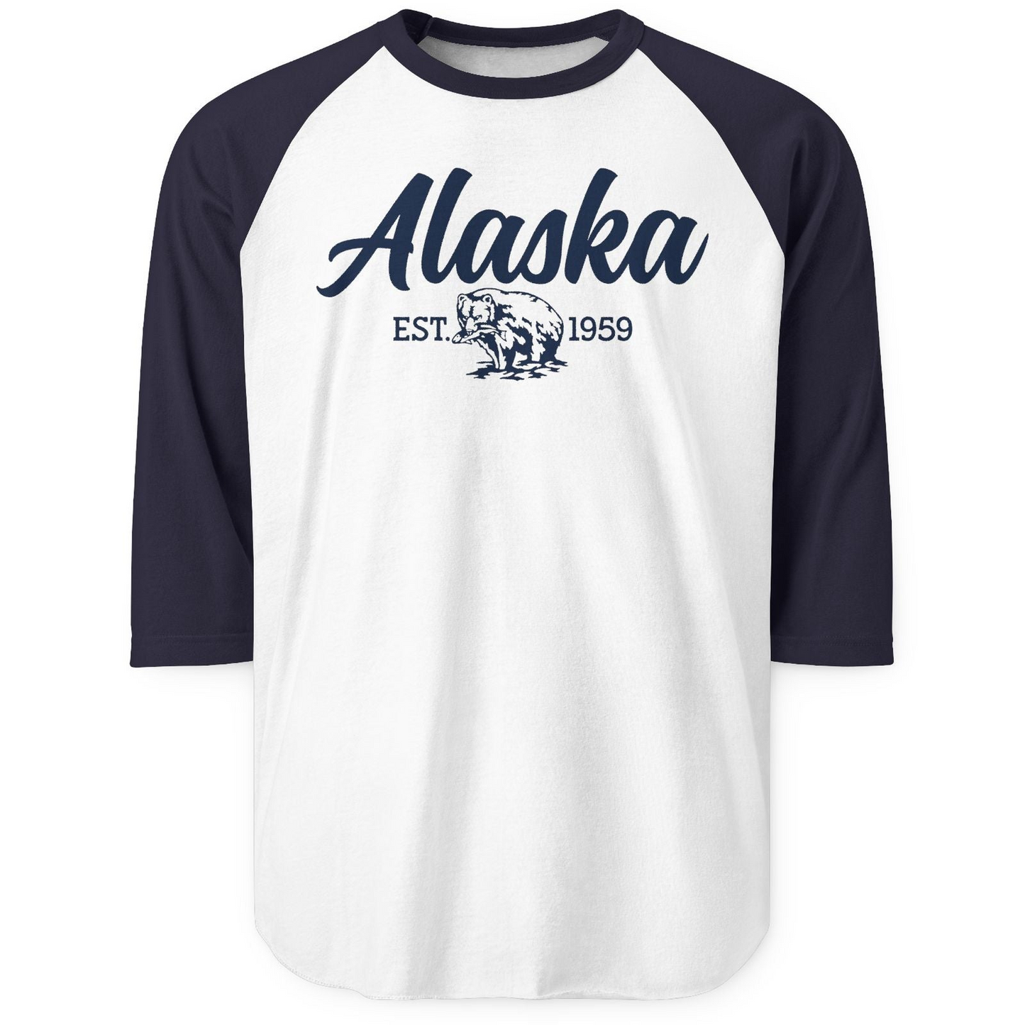 Alaska Bear Est 1959 Vintage Wildlife Graphic Monochrome Shirt — 3/4 Sleeve 3/4 Sleeve Raglan Shirt – White/Navy – Alaska Cruise Shirts