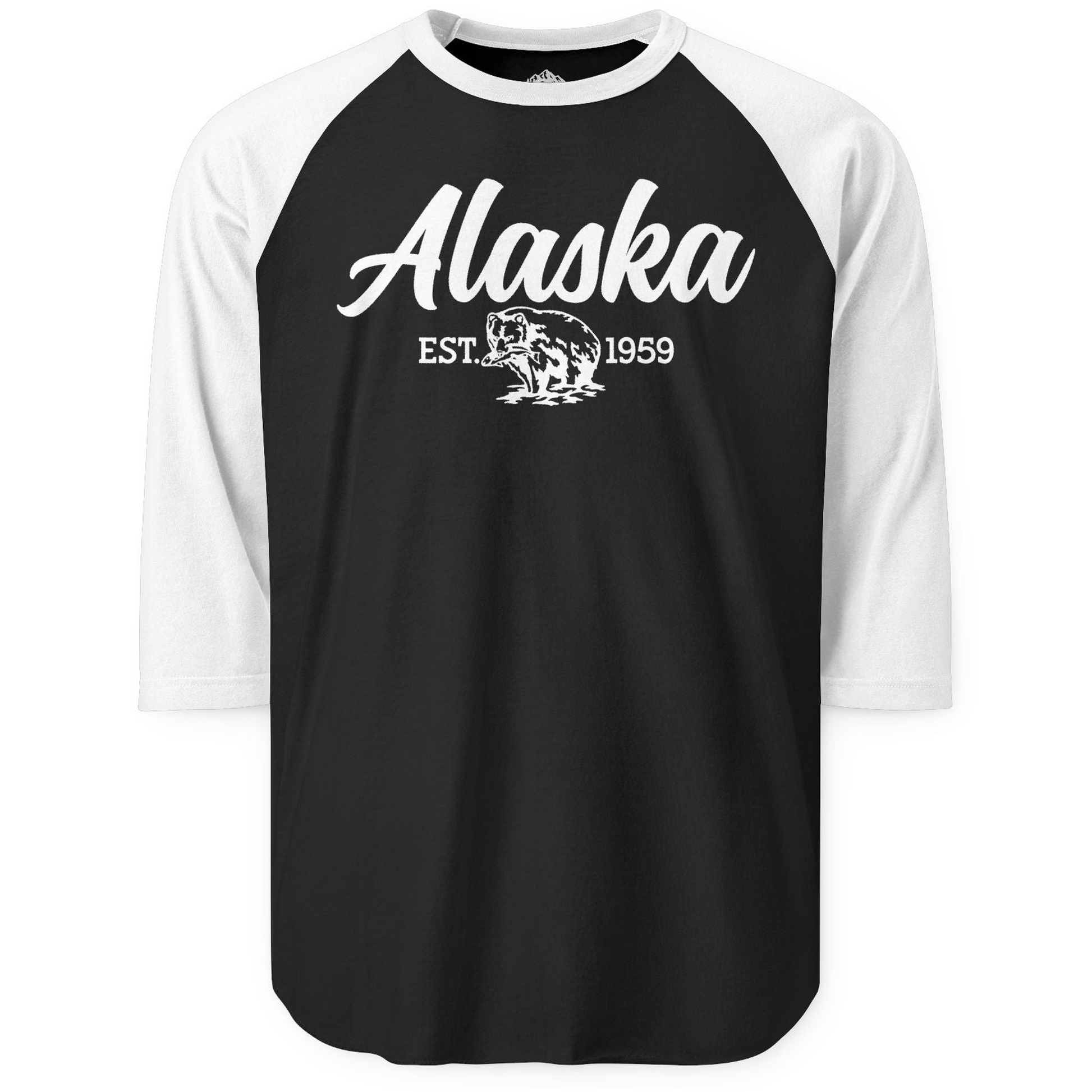 Alaska Bear Est 1959 Vintage Wildlife Graphic Monochrome Shirt — 3/4 Sleeve 3/4 Sleeve Raglan Shirt – Black/White – Alaska Cruise Shirts