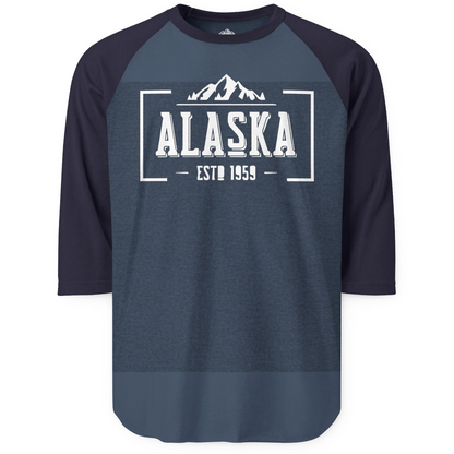 Alaska Mountain Vintage Shirt 3/4 Sleeve Raglan Shirt – Heather Denim/Navy – Alaska Cruise Shirts