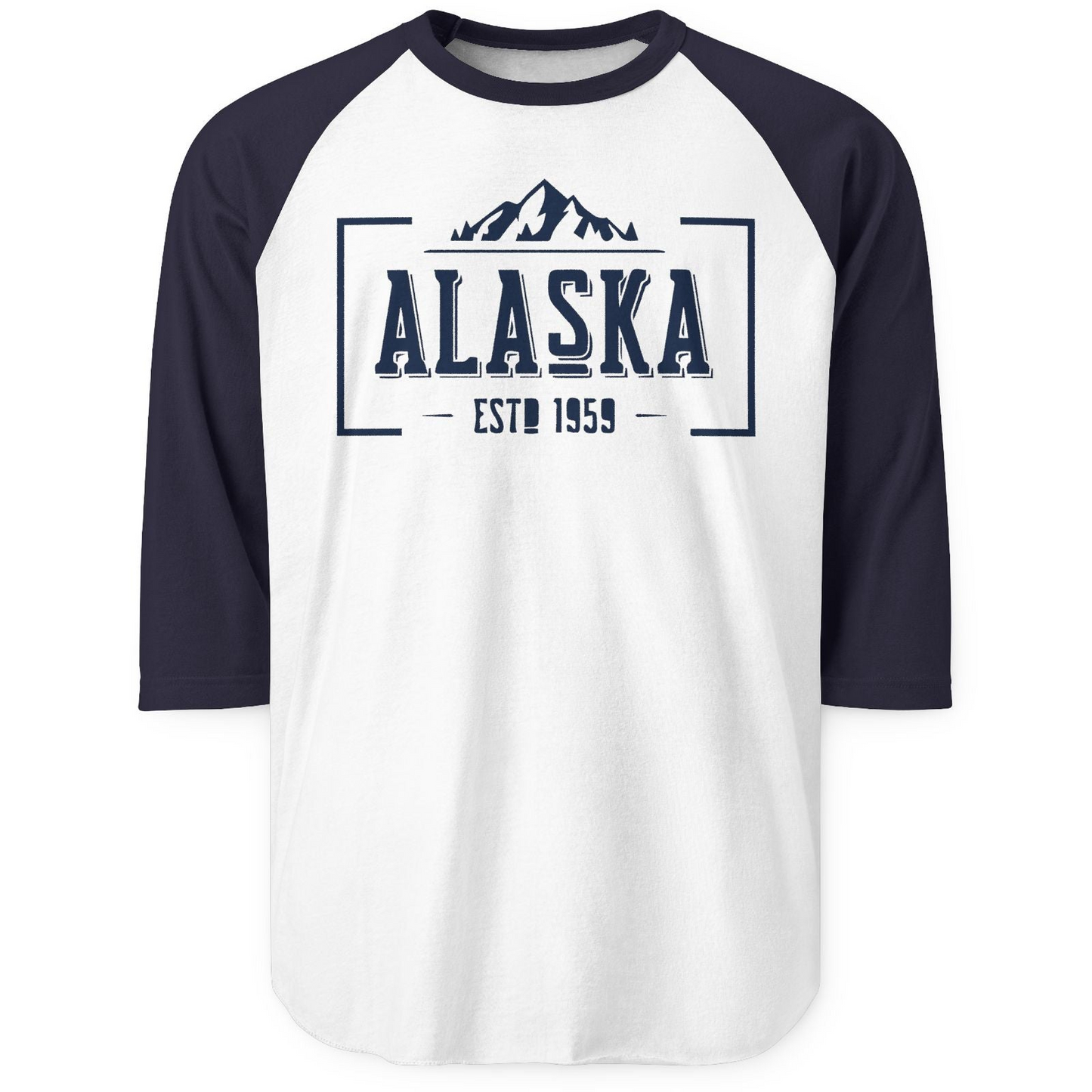 Alaska Mountain Vintage Shirt 3/4 Sleeve Raglan Shirt – White/Navy – Alaska Cruise Shirts