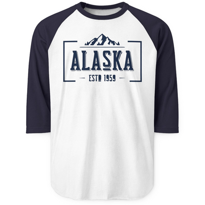 Alaska Mountain Vintage Shirt 3/4 Sleeve Raglan Shirt – White/Navy – Alaska Cruise Shirts