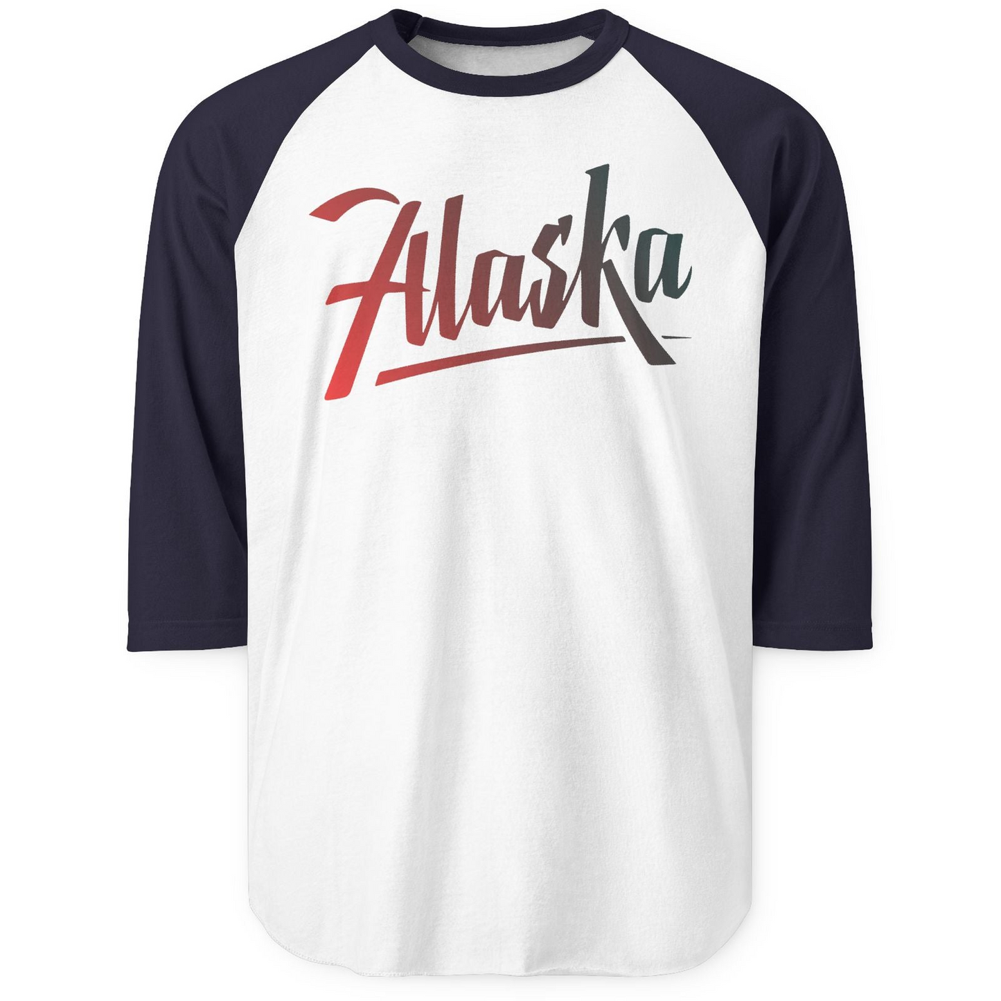 Alaska Script Wordmark Shirt 3/4 Sleeve Raglan Shirt – White/Navy – Alaska Cruise Shirts