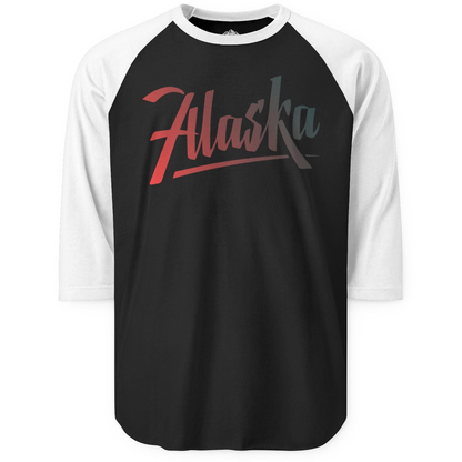 Alaska Script Wordmark Shirt 3/4 Sleeve Raglan Shirt – Black/White – Alaska Cruise Shirts