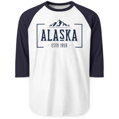 Vintage Alaska Estd 1959 Shirt 3/4 Sleeve Raglan Shirt – White/Navy – Alaska Cruise Shirts