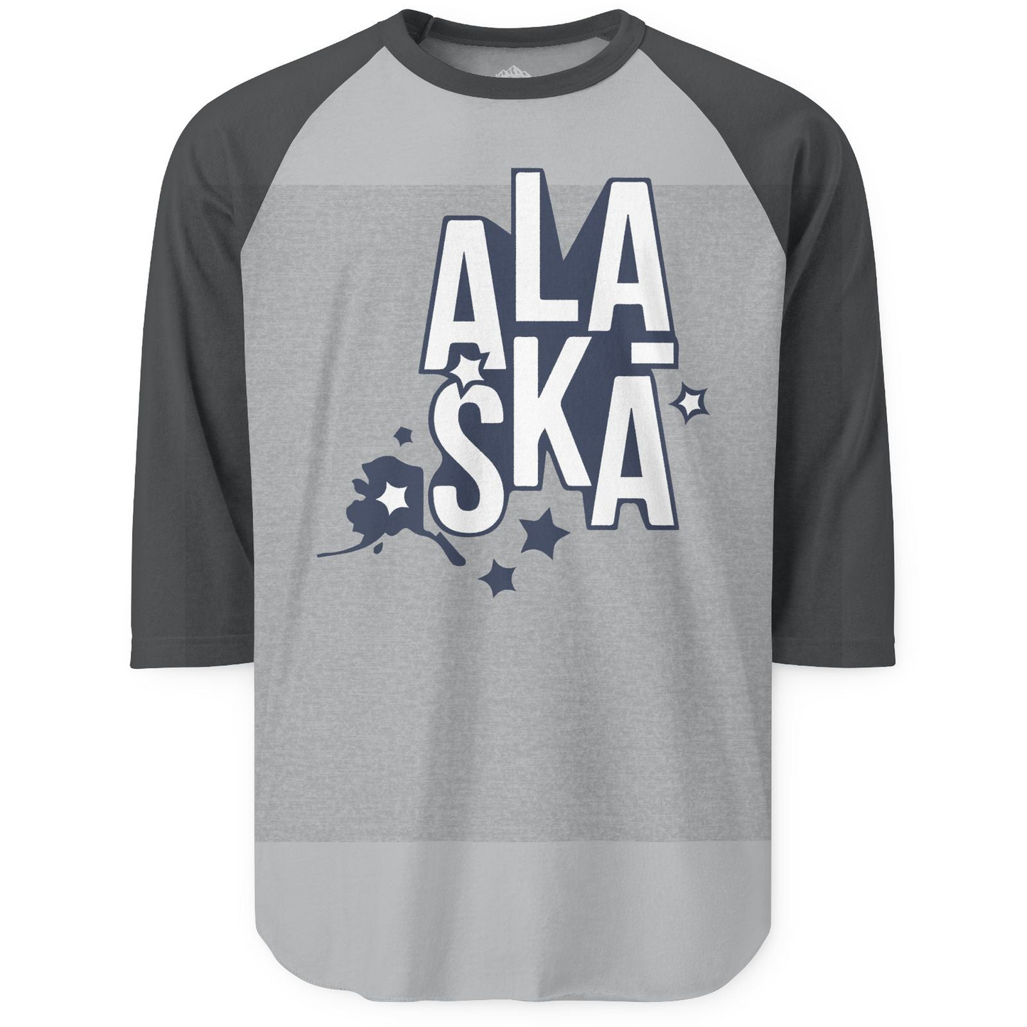 Alaska Stars Bold Typography Shirt 3/4 Sleeve Raglan Shirt – Heather Grey/Heather Charcoal – Alaska Cruise Shirts