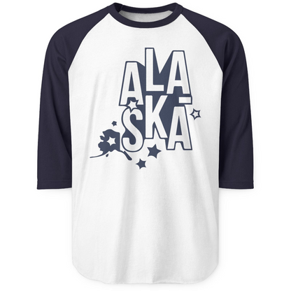 Alaska Stars Bold Typography Shirt 3/4 Sleeve Raglan Shirt – White/Navy – Alaska Cruise Shirts