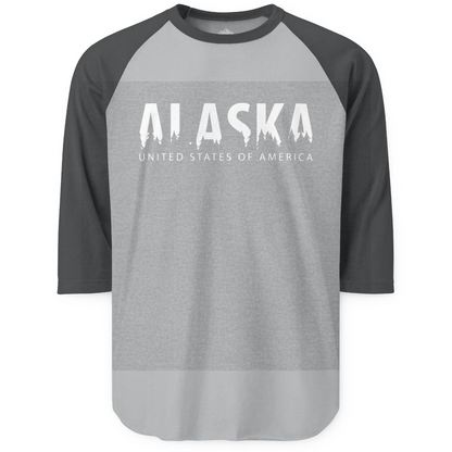 Alaska United States Typography Shirt 3/4 Sleeve Raglan Shirt – Heather Grey/Heather Charcoal – Alaska Cruise Shirts