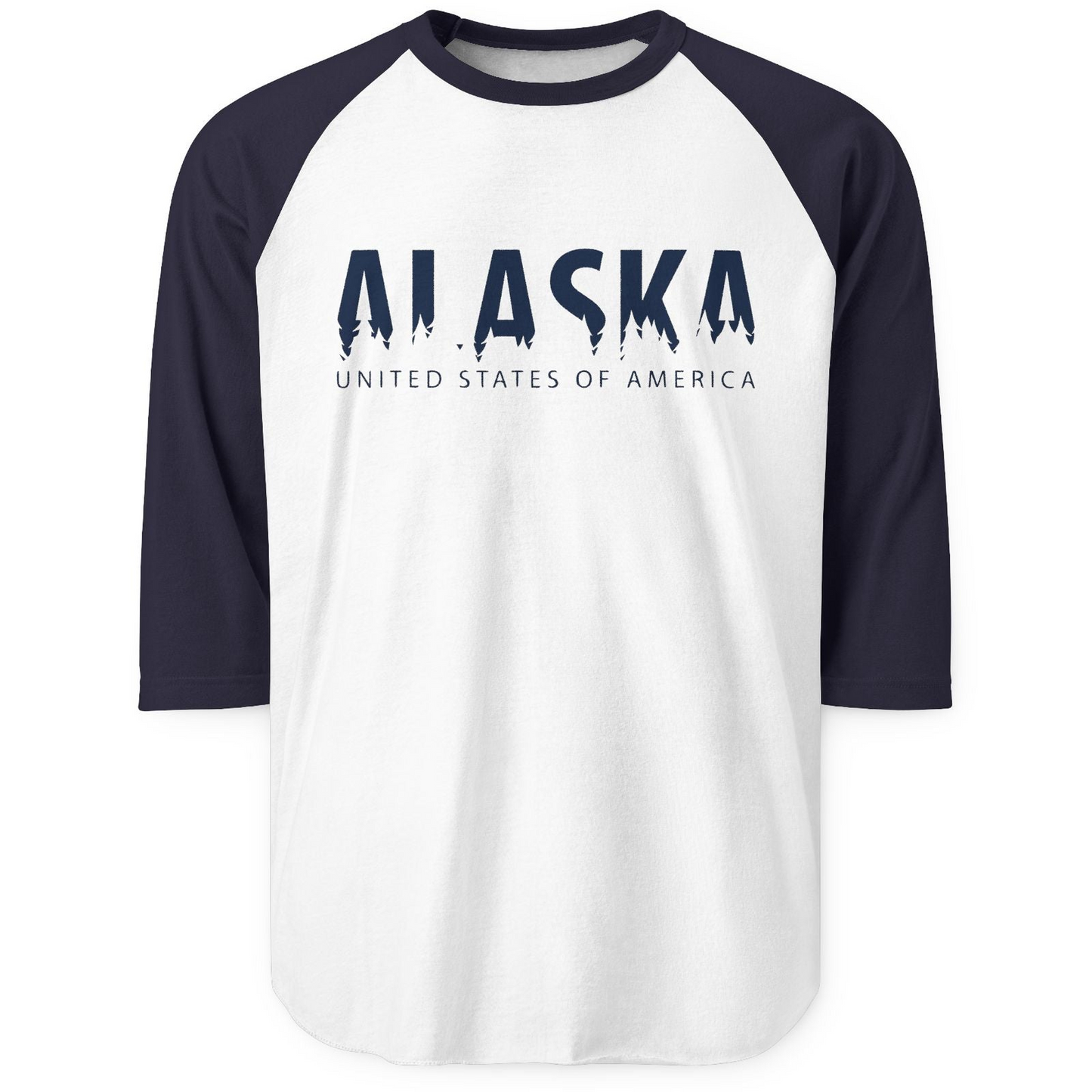 Alaska United States Typography Shirt 3/4 Sleeve Raglan Shirt – White/Navy – Alaska Cruise Shirts