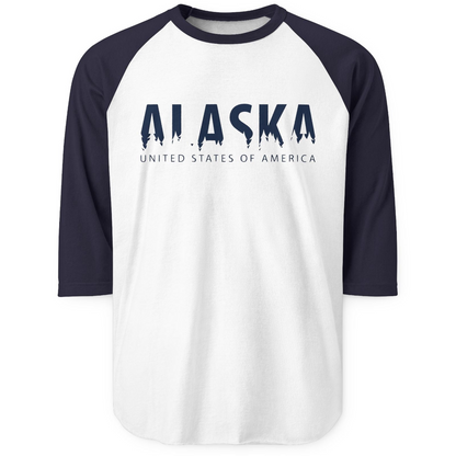 Alaska United States Typography Shirt 3/4 Sleeve Raglan Shirt – White/Navy – Alaska Cruise Shirts