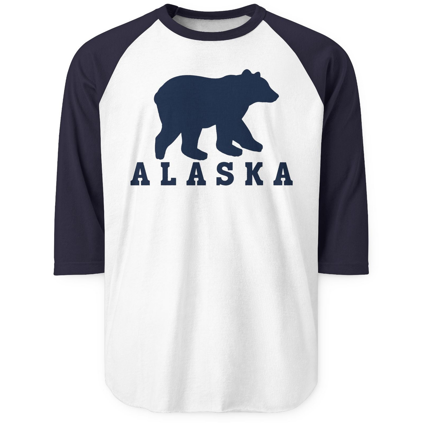 Alaska Bear Silhouette Shirt 3/4 Sleeve Raglan Shirt – White/Navy – Alaska Cruise Shirts