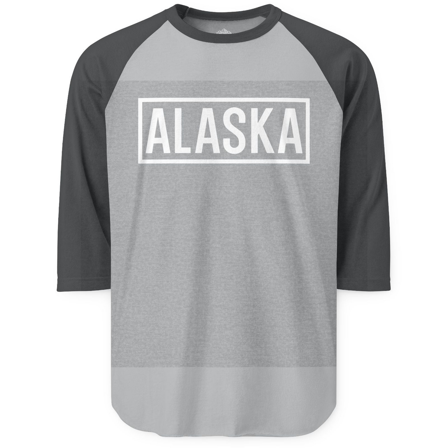 Alaska Bold Text Minimalist Monochrome Graphic Shirt for Travelers — 3/4 Sleeve 3/4 Sleeve Raglan Shirt – Heather Grey/Heather Charcoal – Alaska Cruise Shirts