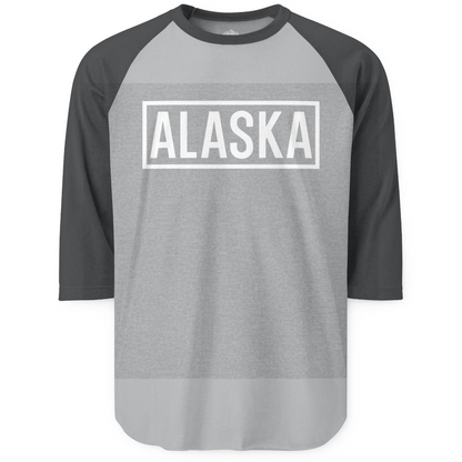 Alaska Bold Text Minimalist Monochrome Graphic Shirt for Travelers — 3/4 Sleeve 3/4 Sleeve Raglan Shirt – Heather Grey/Heather Charcoal – Alaska Cruise Shirts