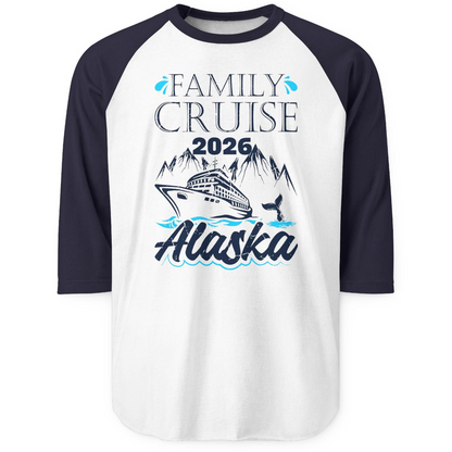 Alaska Family Cruise Shirt 3/4 Sleeve Raglan Shirt – White/Navy – Alaska Cruise Shirts