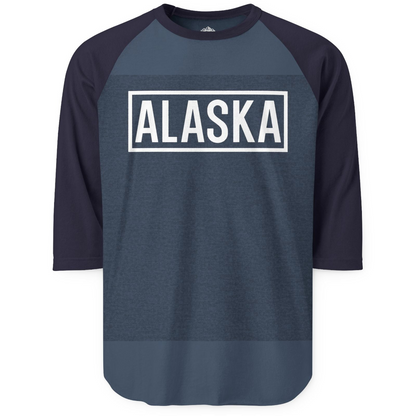 Alaska Bold Text Minimalist Monochrome Graphic Shirt for Travelers — 3/4 Sleeve 3/4 Sleeve Raglan Shirt – Heather Denim/Navy – Alaska Cruise Shirts