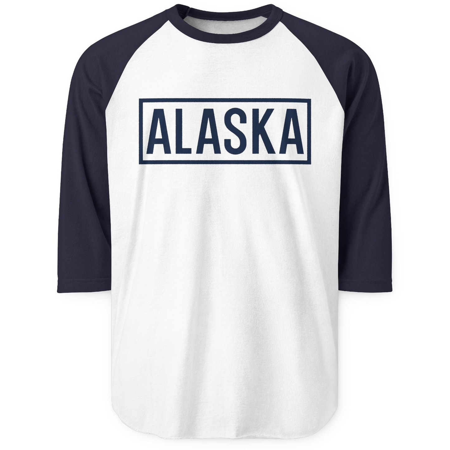 Alaska Bold Text Minimalist Monochrome Graphic Shirt for Travelers — 3/4 Sleeve 3/4 Sleeve Raglan Shirt – White/Navy – Alaska Cruise Shirts