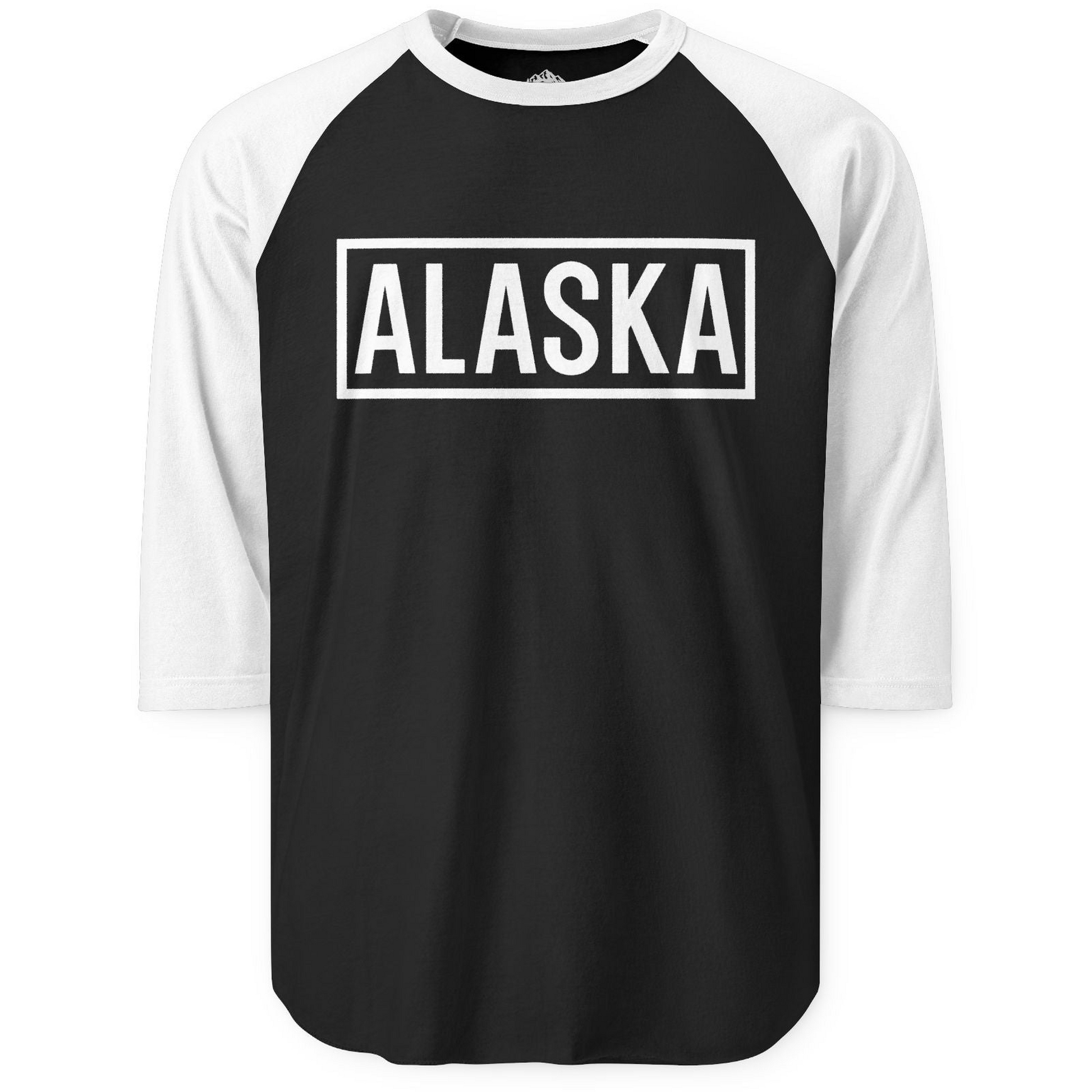 Alaska Bold Text Minimalist Monochrome Graphic Shirt for Travelers — 3/4 Sleeve 3/4 Sleeve Raglan Shirt – Black/White – Alaska Cruise Shirts