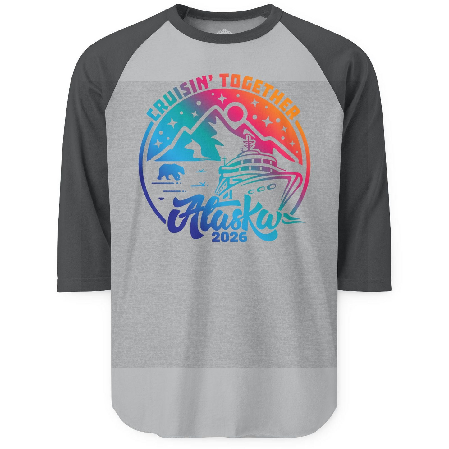 Alaska Cruise Adventure Mountains Wildlife Retro Family Group Shirt 2026 — 3/4 Sleeve 3/4 Sleeve Raglan Shirt – Heather Grey/Heather Charcoal – Alaska Cruise Shirts