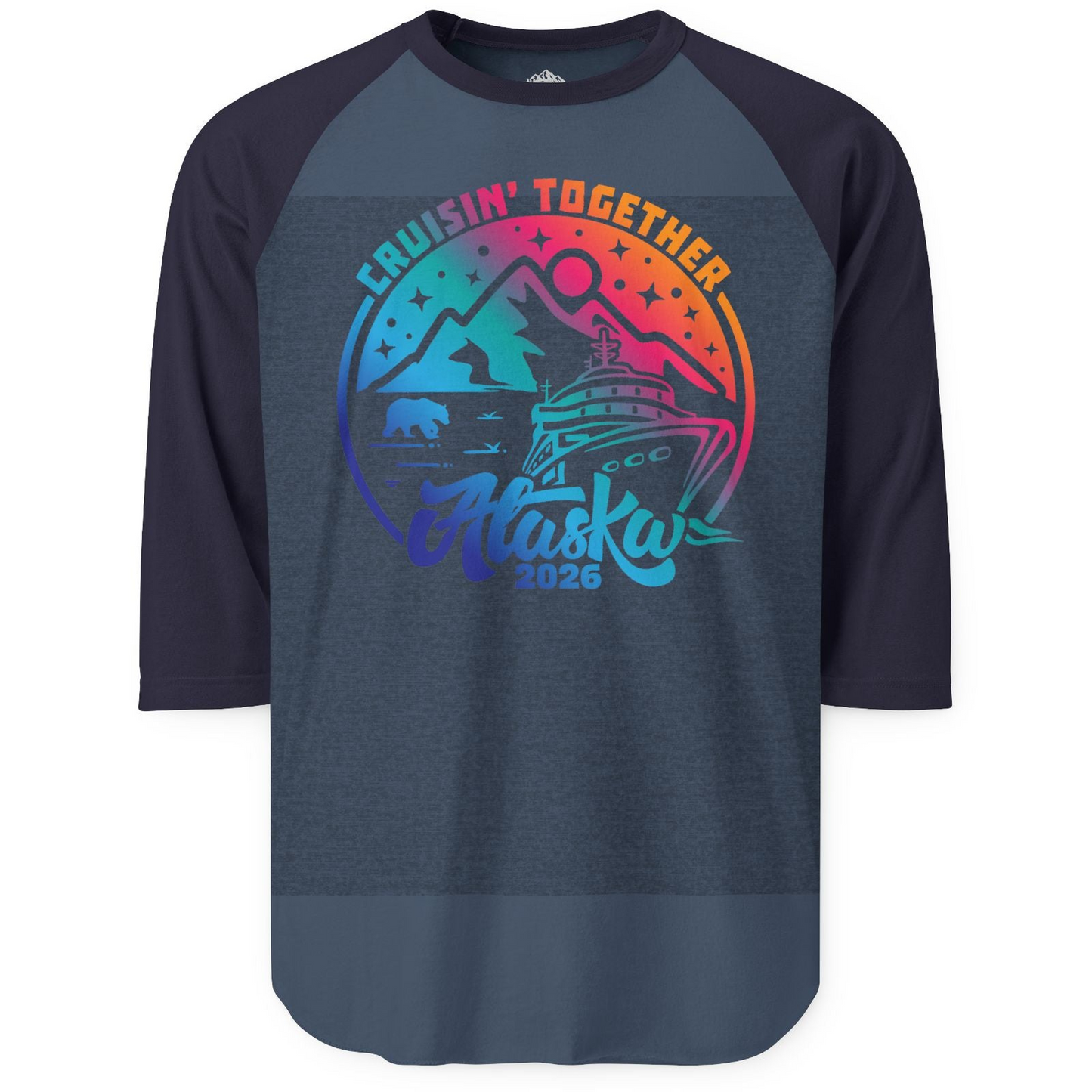 Alaska Cruise Adventure Mountains Wildlife Retro Family Group Shirt 2026 — 3/4 Sleeve 3/4 Sleeve Raglan Shirt – Heather Denim/Navy – Alaska Cruise Shirts