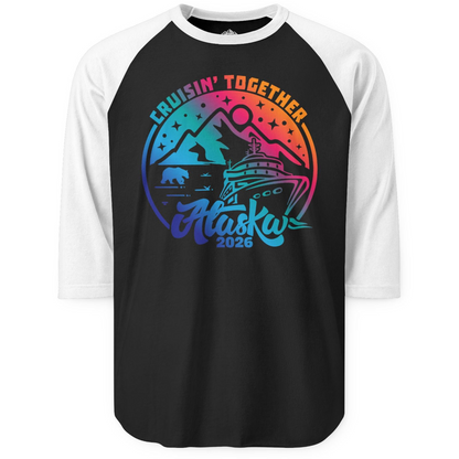 Alaska Cruise Adventure Mountains Wildlife Retro Family Group Shirt 2026 — 3/4 Sleeve 3/4 Sleeve Raglan Shirt – Black/White – Alaska Cruise Shirts