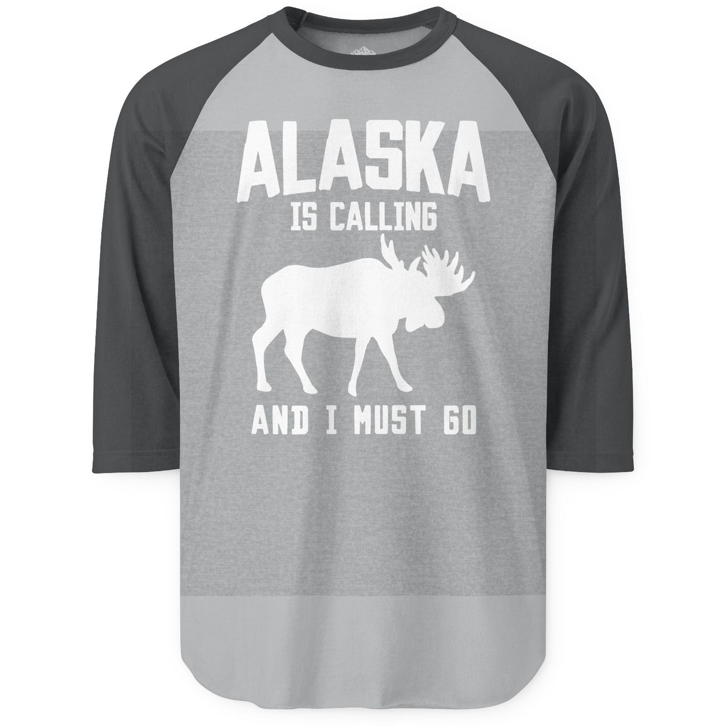 Alaska Is Calling Moose Silhouette Shirt 3/4 Sleeve Raglan Shirt – Heather Grey/Heather Charcoal – Alaska Cruise Shirts
