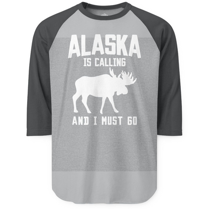 Alaska Is Calling Moose Silhouette Shirt 3/4 Sleeve Raglan Shirt – Heather Grey/Heather Charcoal – Alaska Cruise Shirts