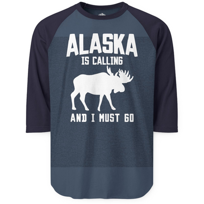 Alaska Is Calling Moose Silhouette Shirt 3/4 Sleeve Raglan Shirt – Heather Denim/Navy – Alaska Cruise Shirts