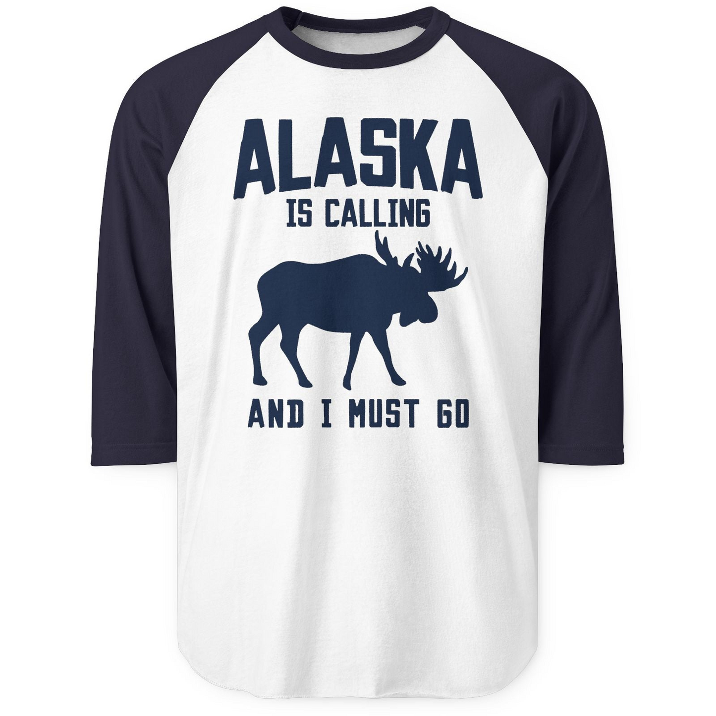 Alaska Is Calling Moose Silhouette Shirt 3/4 Sleeve Raglan Shirt – White/Navy – Alaska Cruise Shirts