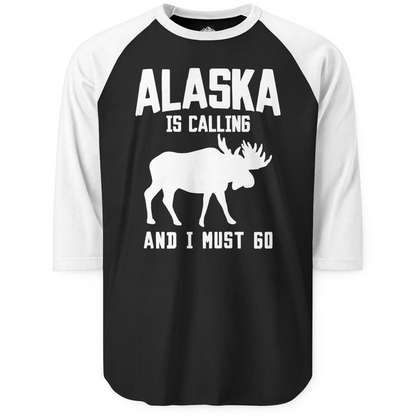 Alaska Is Calling Moose Silhouette Shirt 3/4 Sleeve Raglan Shirt – Black/White – Alaska Cruise Shirts
