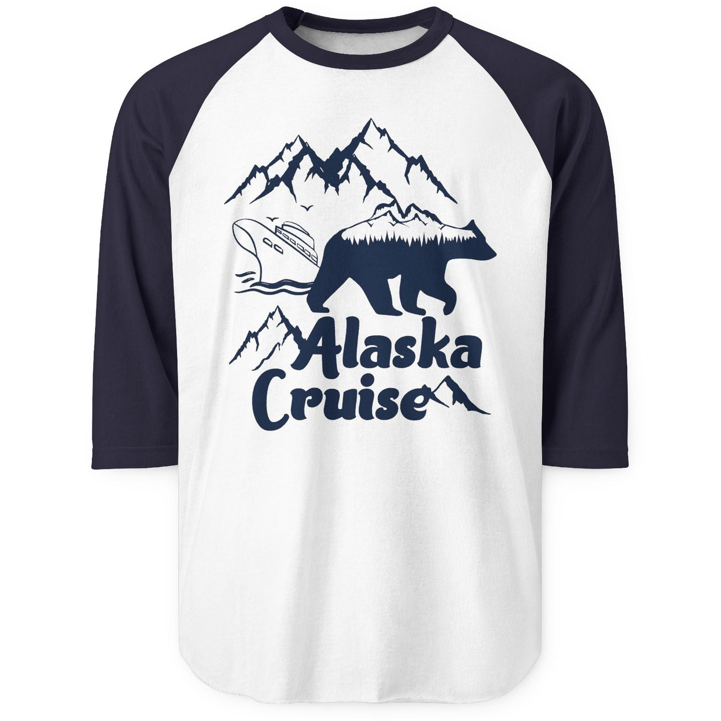Alaska Cruise Shirt 3/4 Sleeve Raglan Shirt – White/Navy – Alaska Cruise Shirts