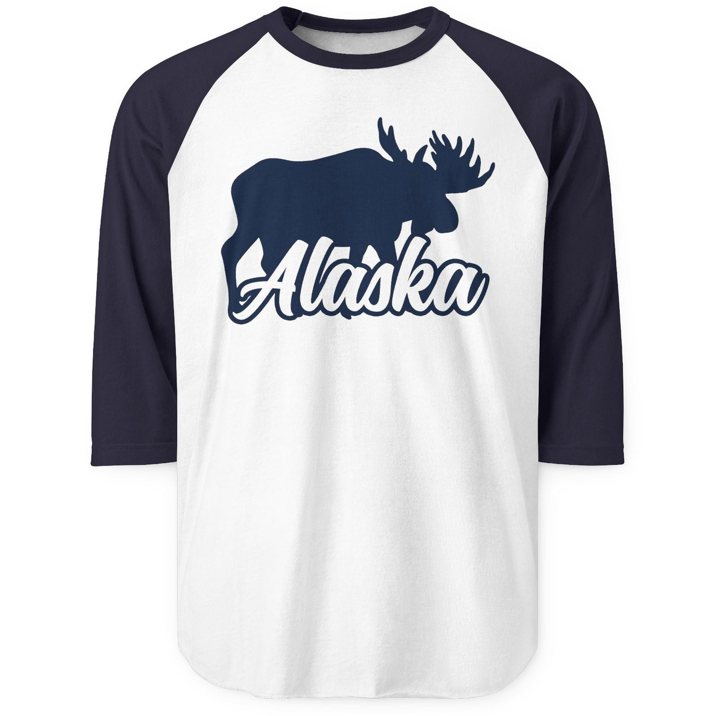 Alaska Moose Wildlife Silhouette Shirt 3/4 Sleeve Raglan Shirt – White/Navy – Alaska Cruise Shirts