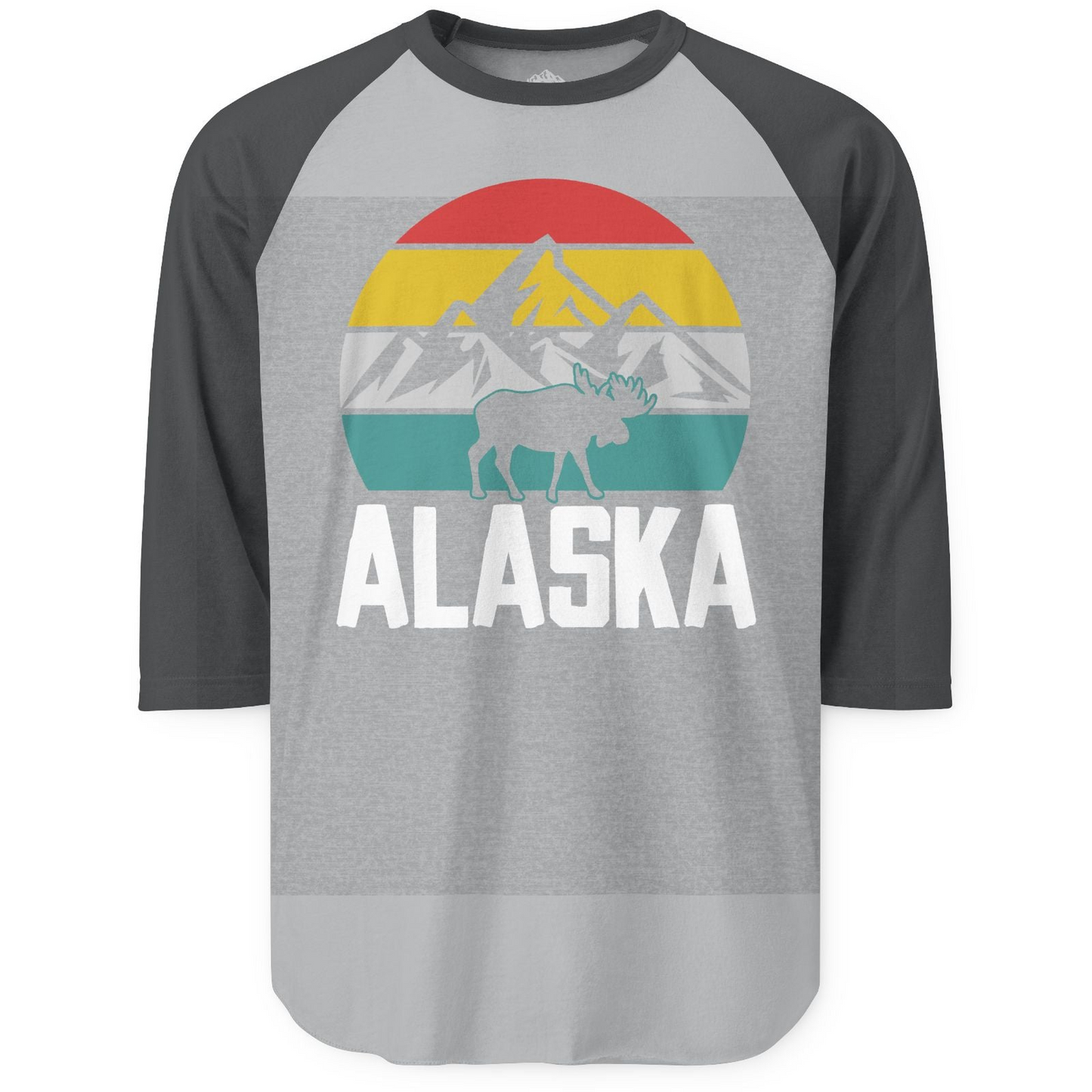 Retro Alaska Moose Silhouette Shirt 3/4 Sleeve Raglan Shirt – Heather Grey/Heather Charcoal – Alaska Cruise Shirts