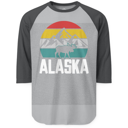 Retro Alaska Moose Silhouette Shirt 3/4 Sleeve Raglan Shirt – Heather Grey/Heather Charcoal – Alaska Cruise Shirts