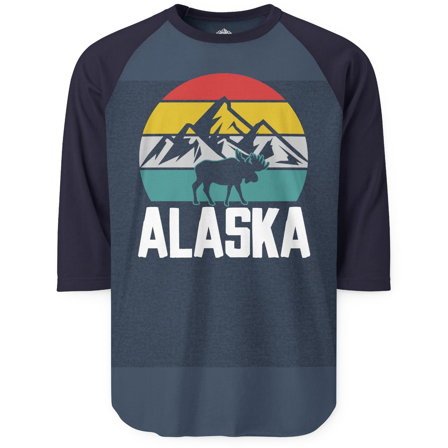 Retro Alaska Moose Silhouette Shirt 3/4 Sleeve Raglan Shirt – Heather Denim/Navy – Alaska Cruise Shirts