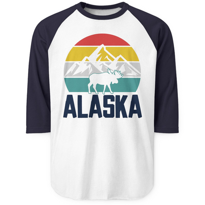 Retro Alaska Moose Silhouette Shirt 3/4 Sleeve Raglan Shirt – White/Navy – Alaska Cruise Shirts