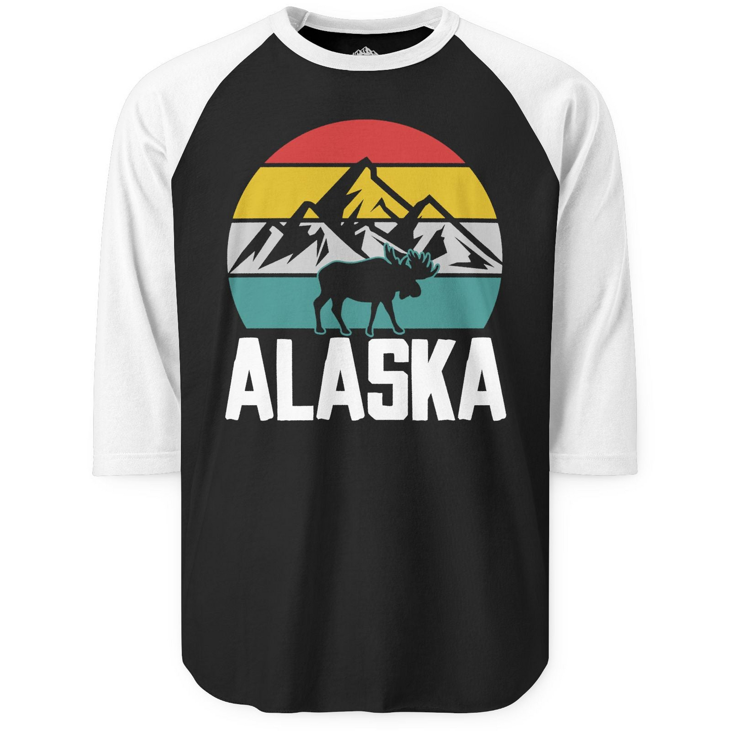 Retro Alaska Moose Silhouette Shirt 3/4 Sleeve Raglan Shirt – Black/White – Alaska Cruise Shirts